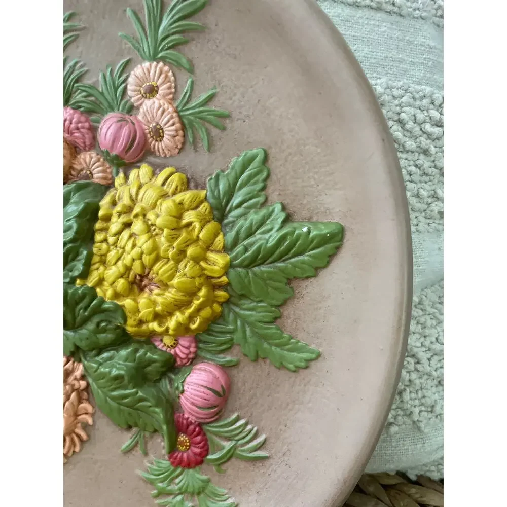 Vintage 70’s Handpainted Chalkware Floral Decorative Plate Cottagecore Farmhouse